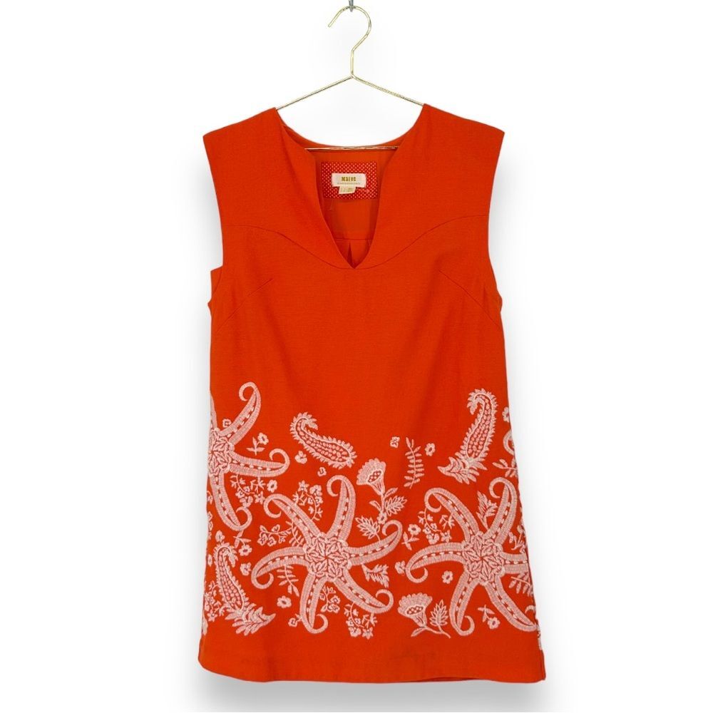 Maeve by Anthropologie Coastal Starfish Embroidered Mini Shift Dress Orange 2